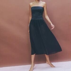 Reformation Florissant Strapless Midi Dress Black US 4 Satin Sheer